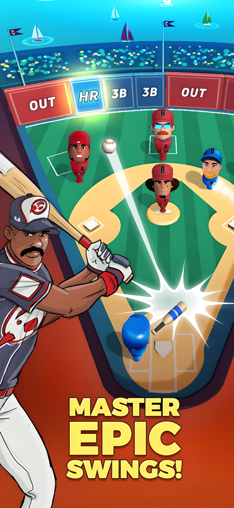 Super Hit Baseball - Arcade style gameplay of Super Hit Baseball showing a player hitting a ball in a stadium.