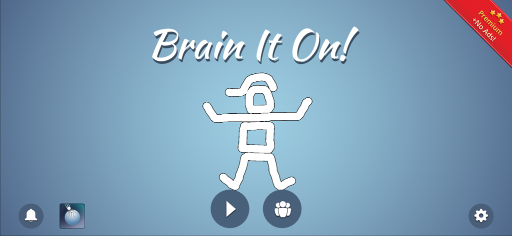 Brain It On! - Main menu of the Brain It On physics puzzle game showing a minimalist hand drawn figure and game navigation buttons on a blue background