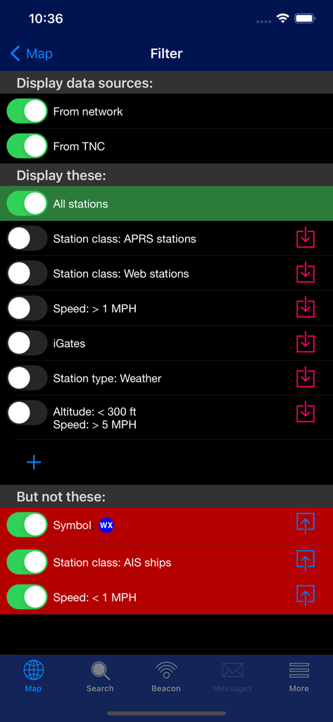 aprs.fi - Uno screenshot della schermata delle impostazioni del filtro nell'app radioamatoriale aprs.fi