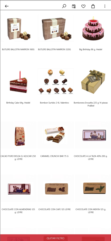 Rinor - Display of various premium chocolates and gourmet sweets in the Rinor shopping app