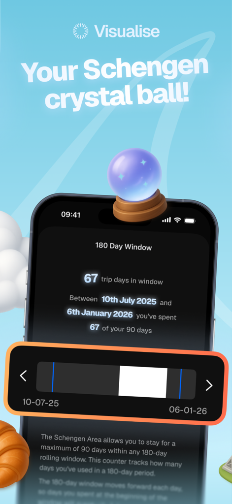 90 Days in Europe - Interface of the 90 Days in Europe app showing a 180-day window travel stay calculator