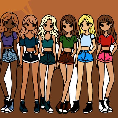 a group of girls wearing crop tops and shorts