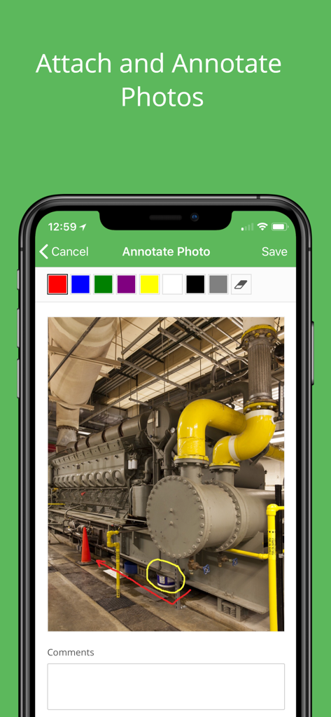 Bildschirm der EHS Insight-App mit Foto-Annotationen von Industrieanlagen für Sicherheitsinspektionen