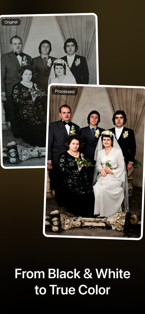 Colorize - Restore Old Photos - Vorher-Nachher-Vergleich eines alten Schwarz-Weiß-Hochzeitsfotos, das zu Farbe restauriert wurde