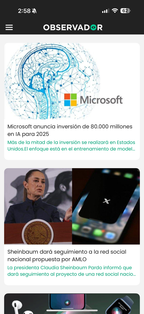 Interfaz de la app Observador mostrando noticias en español sobre Microsoft y política mexicana
