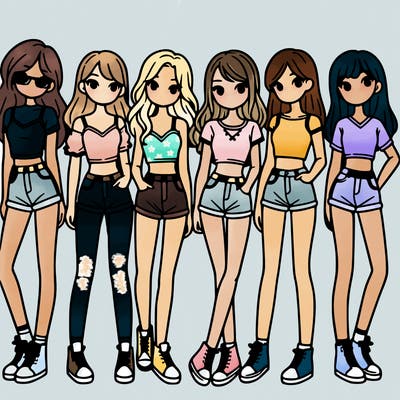 a group of girls wearing crop tops and shorts