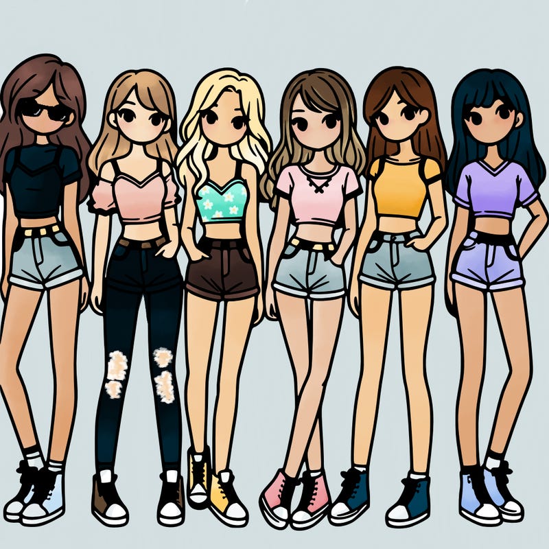 a group of girls wearing crop tops and shorts