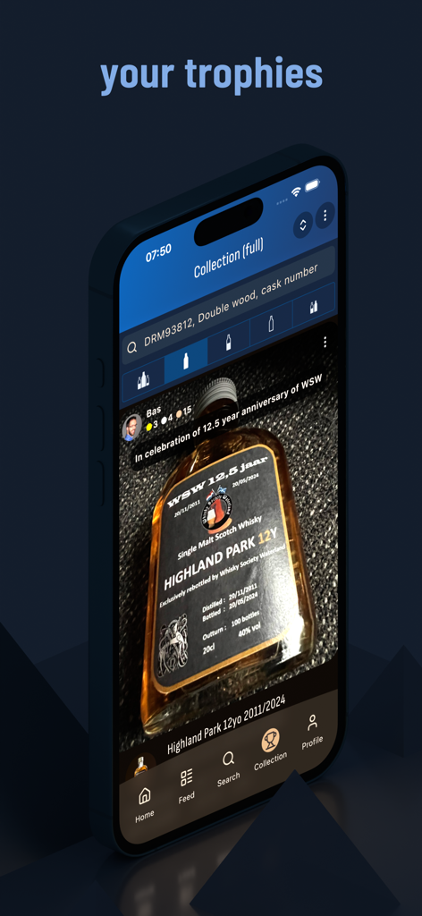 Smartphone displaying the Drammer whisky app collection screen with a Highland Park bottle and trophy text