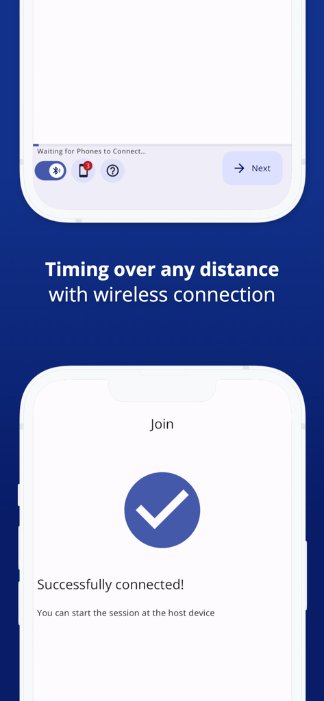 Photo Finish: Automatic Timing - Deux écrans de smartphone montrant une connexion sans fil réussie pour le chronométrage sportif multi-appareils