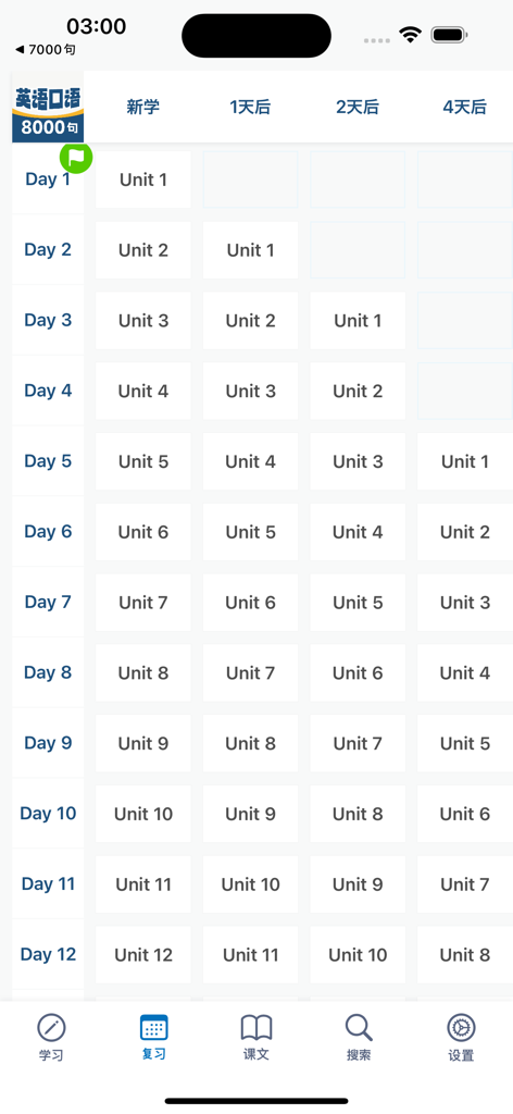 A 12-day learning and review schedule grid for the English 8000 Sentences app showing spaced repetition units.