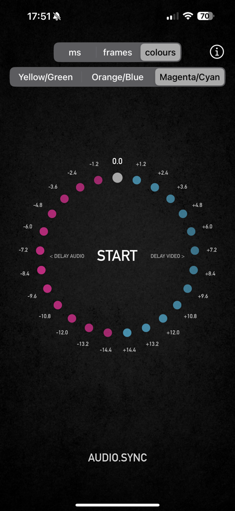 AUDIO.SYNC - Audio-Synchronisations-App-Oberfläche mit einem Magenta- und Cyan-Farbschema für die visuelle Kalibrierung