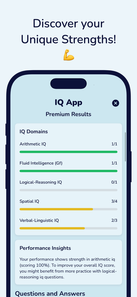 IQ Test - Aptitude Test - A mobile screen showing IQ test results broken down by cognitive domains like arithmetic and logical reasoning with performance insights