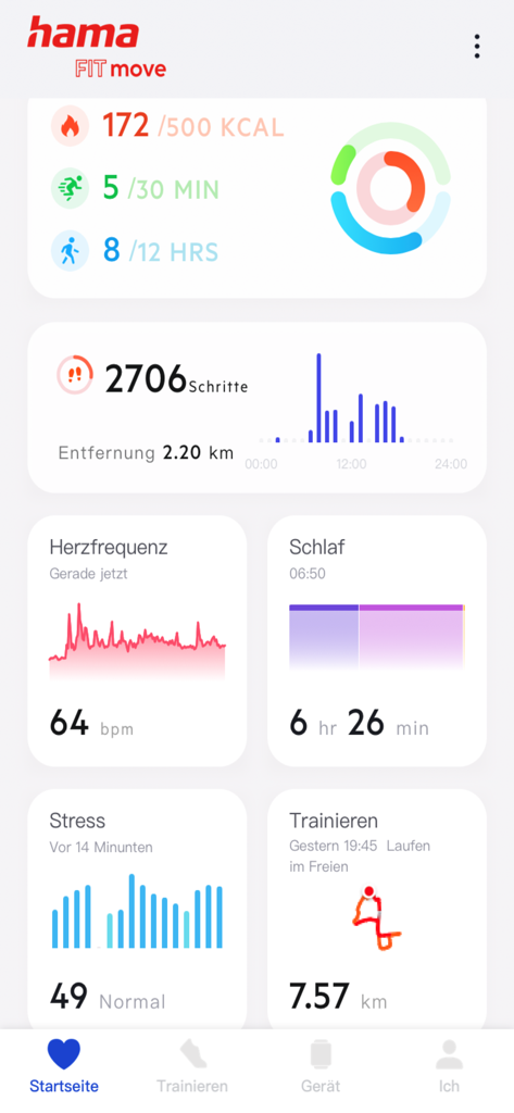 Hama Fit Move - Panel de la aplicación Hama Fit Move mostrando métricas de salud como pasos, frecuencia cardíaca y calidad del sueño.