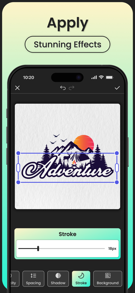 Logo Maker：Logo Design - Interface do usuário de um aplicativo criador de logos mostrando ajustes de traço em um logo de aventura
