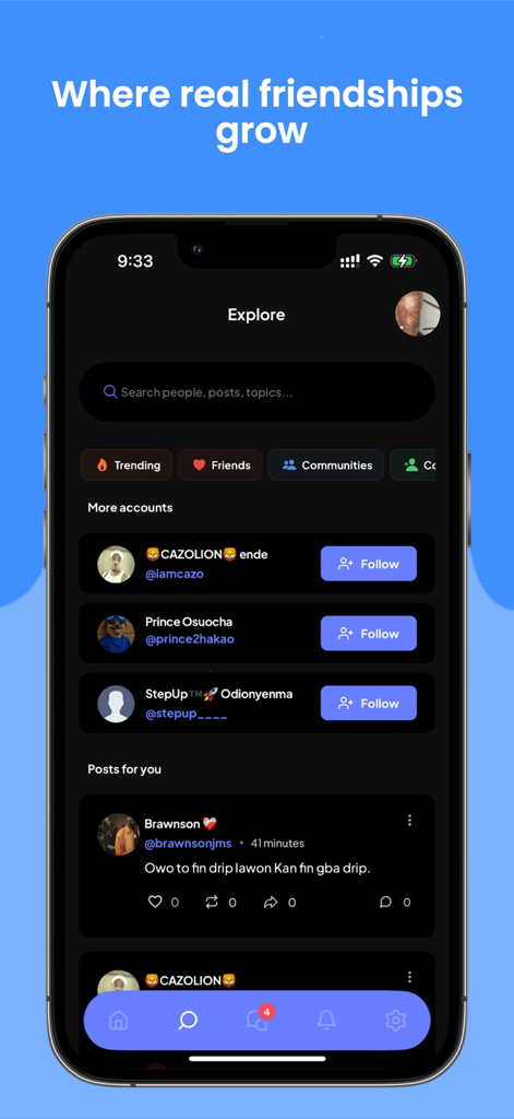 Watever - Watever app explore interface showing search bar trending communities and suggested user profiles in dark mode