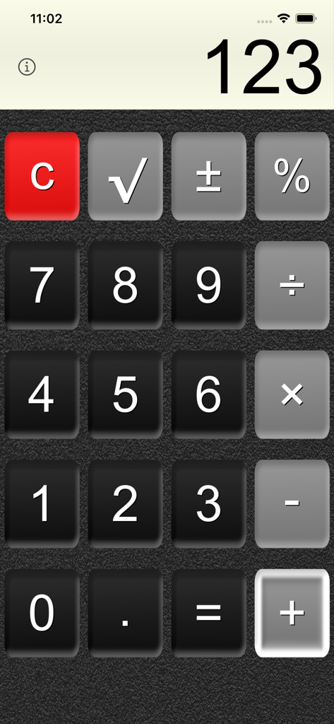Simple digital calculator with large black buttons and a clear numeric display showing the number 123