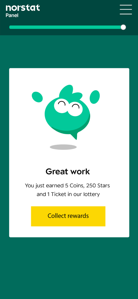 Norstatpanel - Schermata di conferma dei premi dell'app Norstatpanel che mostra monete, stelle e biglietti della lotteria guadagnati con un pulsante per riscuotere i premi