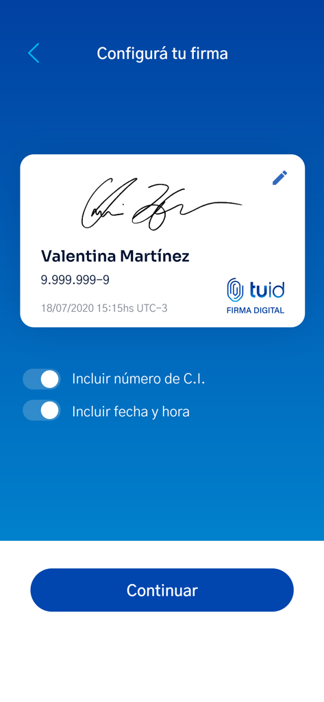 Digital signature configuration screen in the TuID movil application