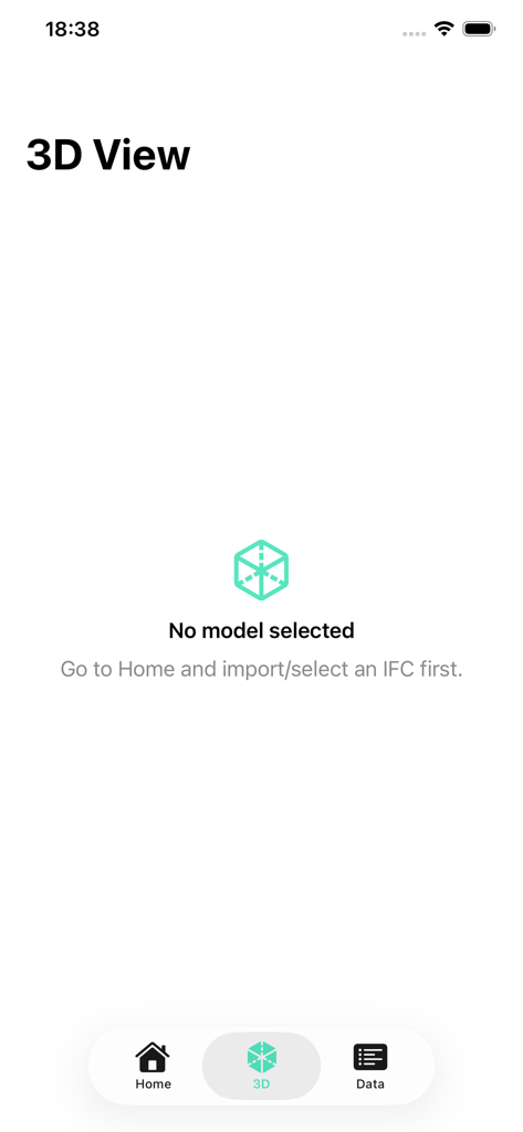 Tela do aplicativo IFC Viewer mostrando uma visualização 3D vazia com uma mensagem para importar ou selecionar um modelo IFC