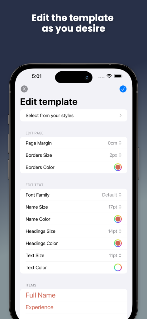 Interfaccia dell'app CV Semplice che mostra le opzioni per modificare i margini, i bordi e le impostazioni dei font del modello