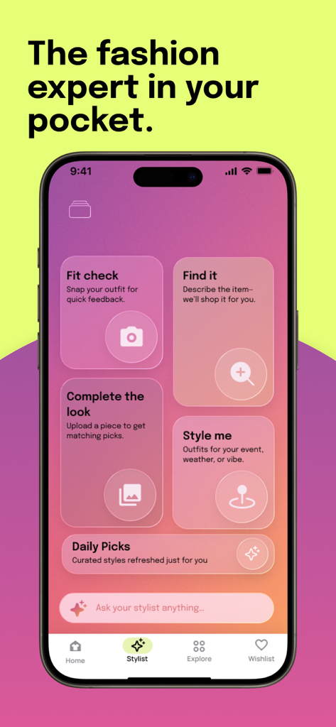 Screenshop app main interface showing AI fashion stylist features including Fit Check and Style Me