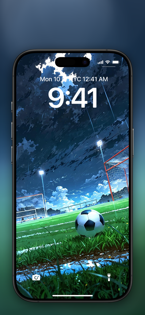 iPhone Sperrbildschirm mit einem hochwertigen 4K-Fußball-Hintergrund auf einem Stadionfeld