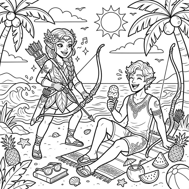 Imagine Elven Archers trading their bows for beach towels in this enchanting summer vacation coloring page. Discover a whimsical scene filled with sun, surf, and sweet treats, inviting you to add vibrant colors.