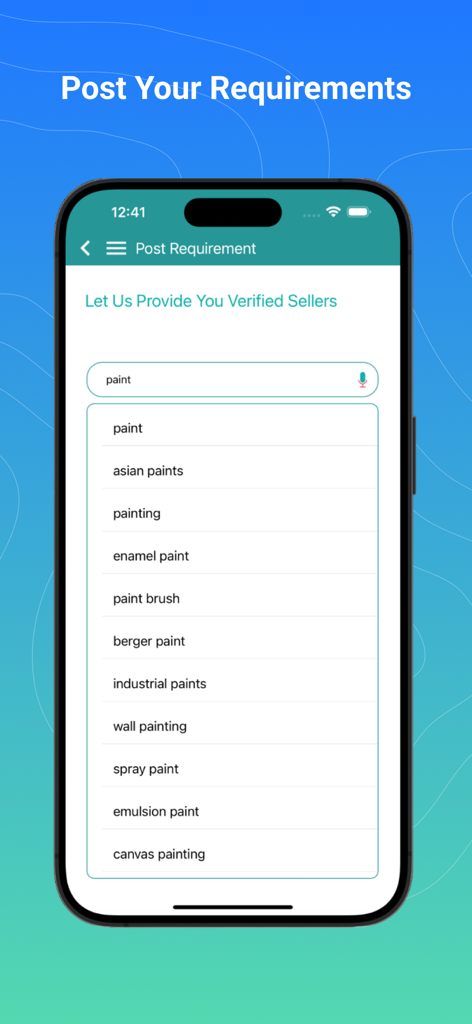 Screenshot of IndiaMART app showing the Post Requirement screen with a search for paint products from verified sellers.