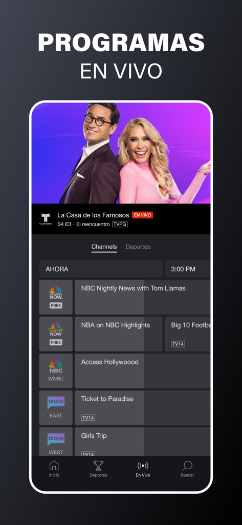 Telemundo: Series y TV en vivo - Oberfläche der Telemundo-App, die Live-TV-Programme und Sendepläne anzeigt