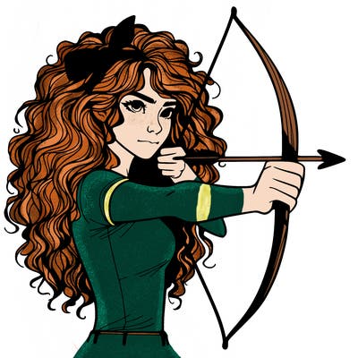 a woman with curly and messy hair using a bow to shoot arrow realistic