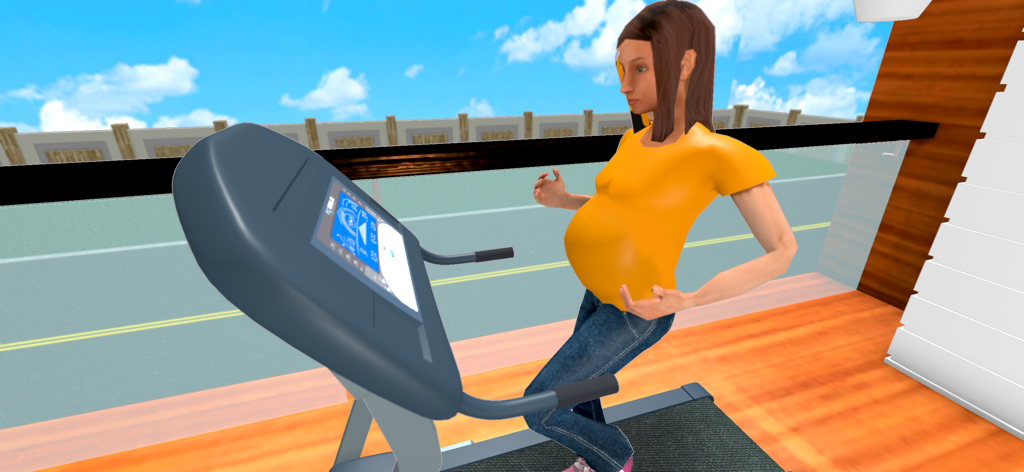 Pregnant Mom Mother Simulator - Un personaje embarazado con una camiseta amarilla caminando en una cinta de correr en un juego de simulación.