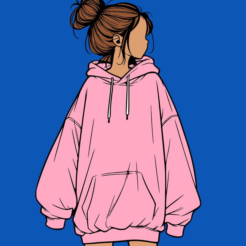 realistic girl with a oversized sweatshirt on and a bun