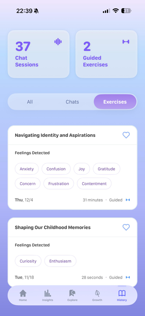 Willow-AI - Willow AI app history screen displaying guided wellness exercises and feelings detected