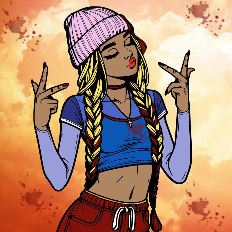 realistic teenage girl with braids and a beanie and crop top doing 🫶🏼