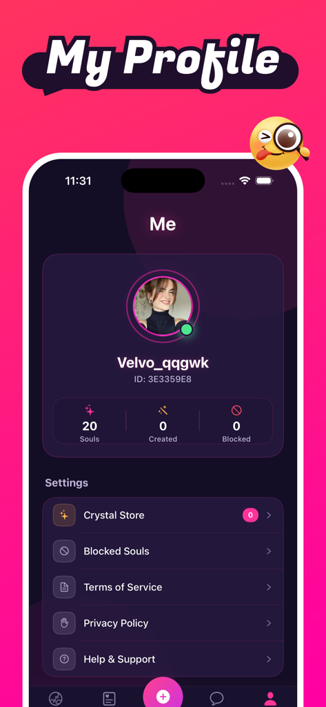Una captura de pantalla de la interfaz de la pantalla Mi Perfil de la aplicación Velvo mostrando estadísticas de usuario como almas y el menú de configuración.