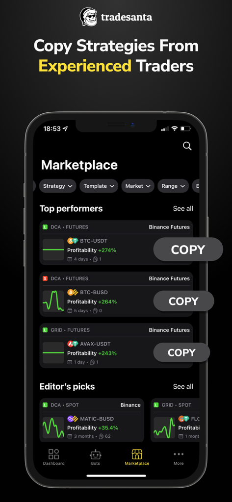 TradeSanta: Crypto Trading Bot - TradeSanta app marketplace screen showing top performing crypto trading strategies with copy buttons