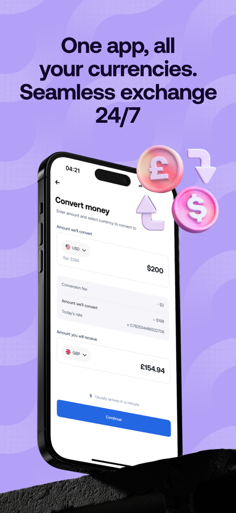 Mobile screen of the Grey banking app showing a currency conversion from USD to GBP with competitive exchange rates.