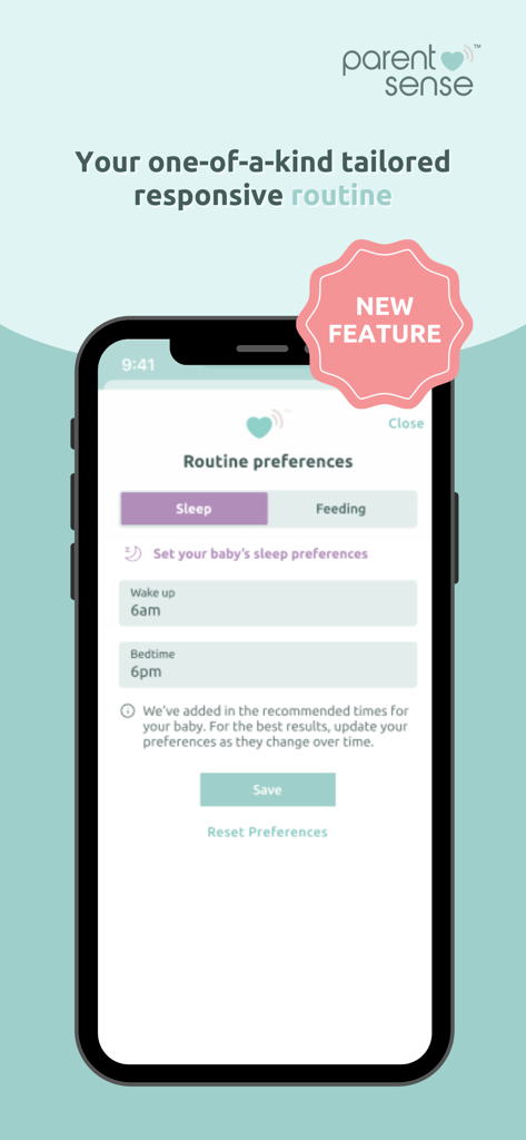 Parent Sense: Daily Baby Care - Parent Sense app screen showing the responsive routine preferences for a baby's sleep and wake up times