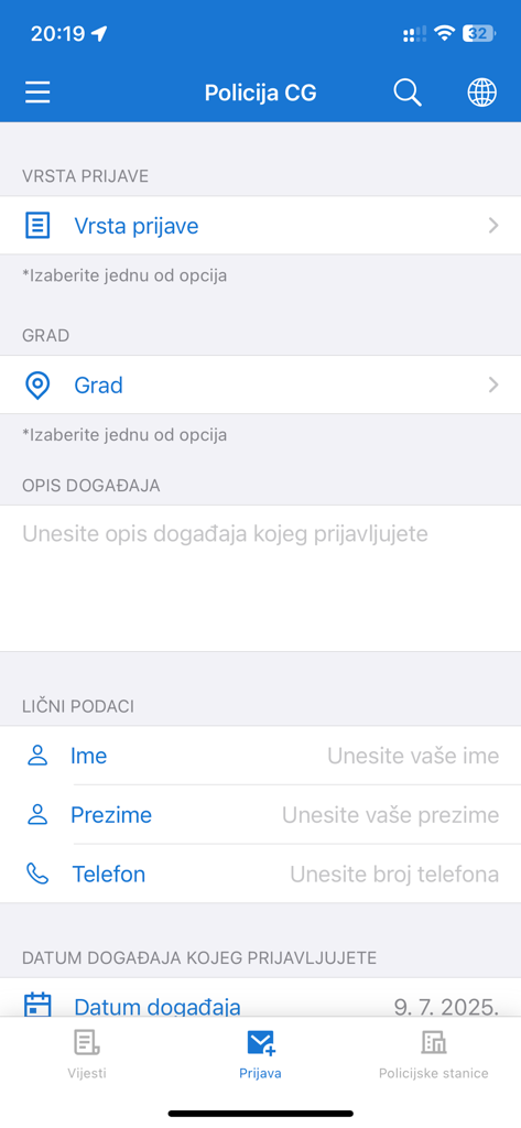 Policija CG - The report submission interface of the Montenegro police app Policija CG featuring fields for incident details and personal information