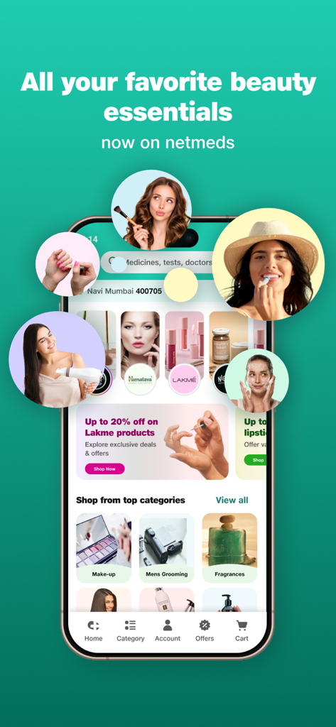 Interface de l'application mobile Netmeds affichant des produits de beauté et des catégories de maquillage.