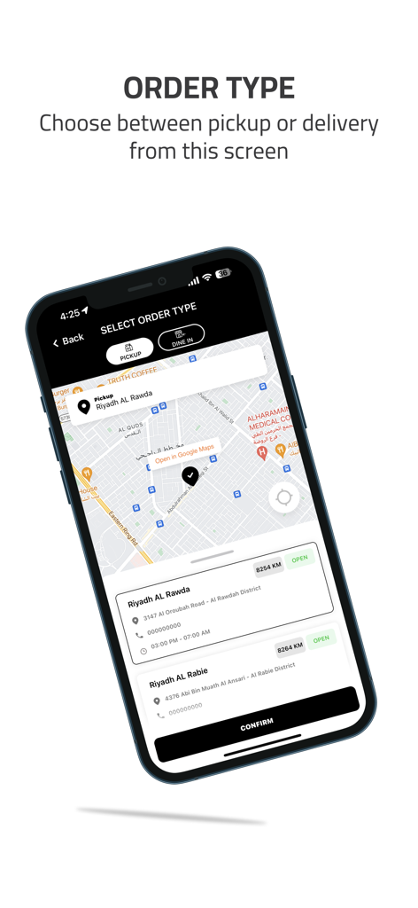 HAJI | حجي - HAJI app interface for choosing pickup or delivery with a map of restaurant locations