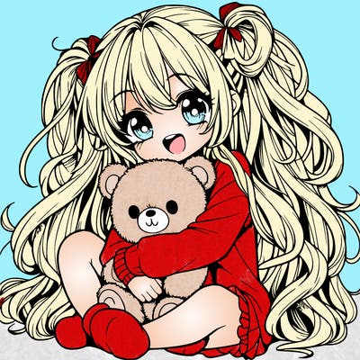 manga girl, long curly hair, happy, cuddling a teddy bear