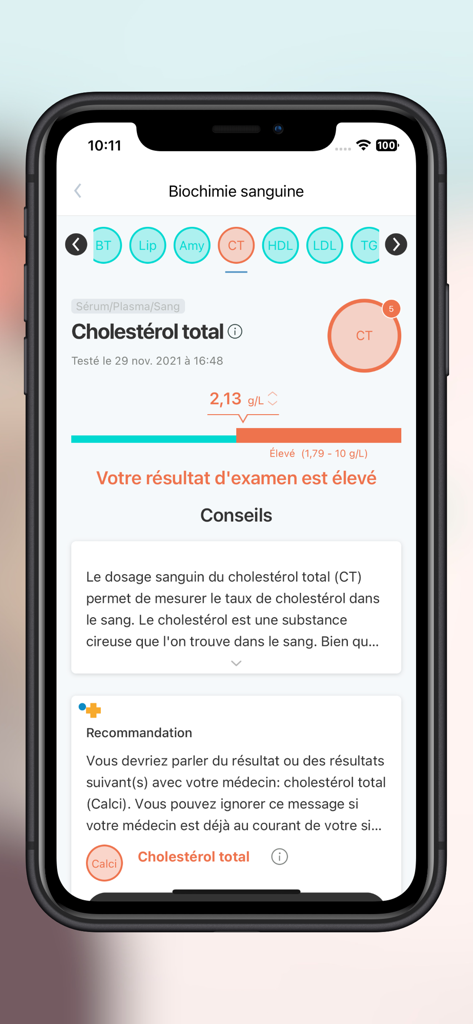 B-neXt CARE app interface displaying total cholesterol laboratory results with health advice and recommendations