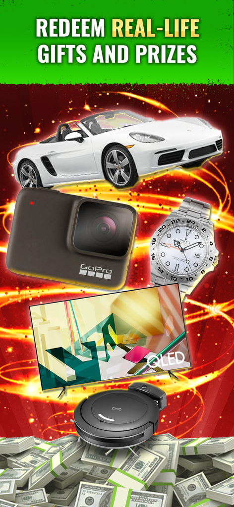 Un gráfico promocional para Dominoes Gold que muestra premios de la vida real, incluyendo un coche de lujo, un reloj, una cámara y un televisor sobre pilas de dinero.