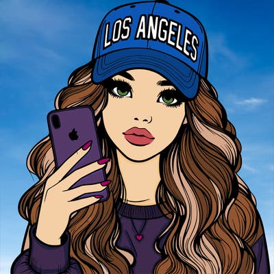 realistic beautiful girl wearing los ángeles cap holding an iphone