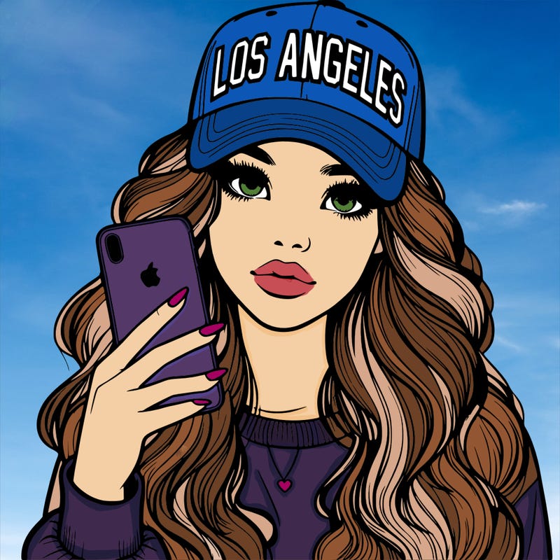 realistic beautiful girl wearing los ángeles cap holding an iphone