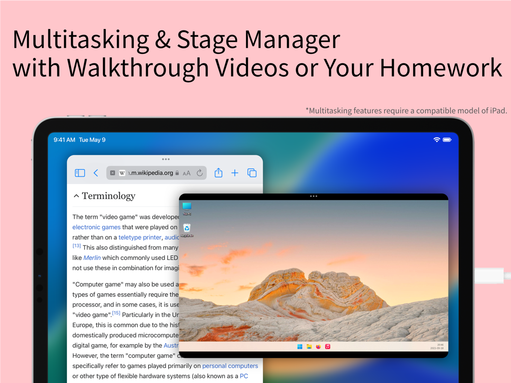 iPad screen displaying Genki Studio using Stage Manager to multitask with a Wikipedia article and a remote PC desktop video feed