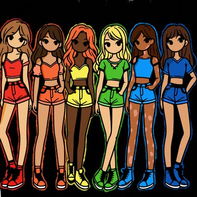 a group of girls wearing crop tops and shorts