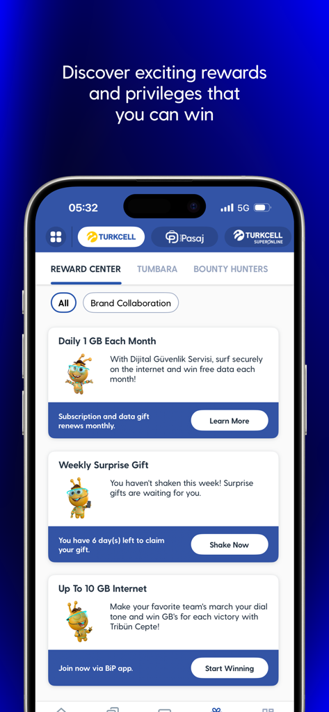 Turkcell app Reward Center screen showing data gifts and weekly surprise rewards