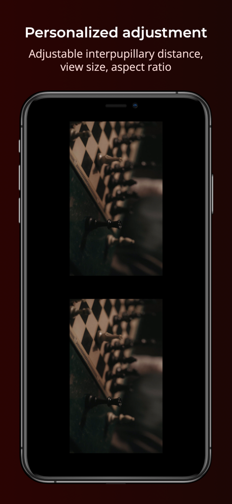 La app vrBox mostrando ajustes personalizables de distancia interpupilar y relación de aspecto para reproducción VR en iPhone